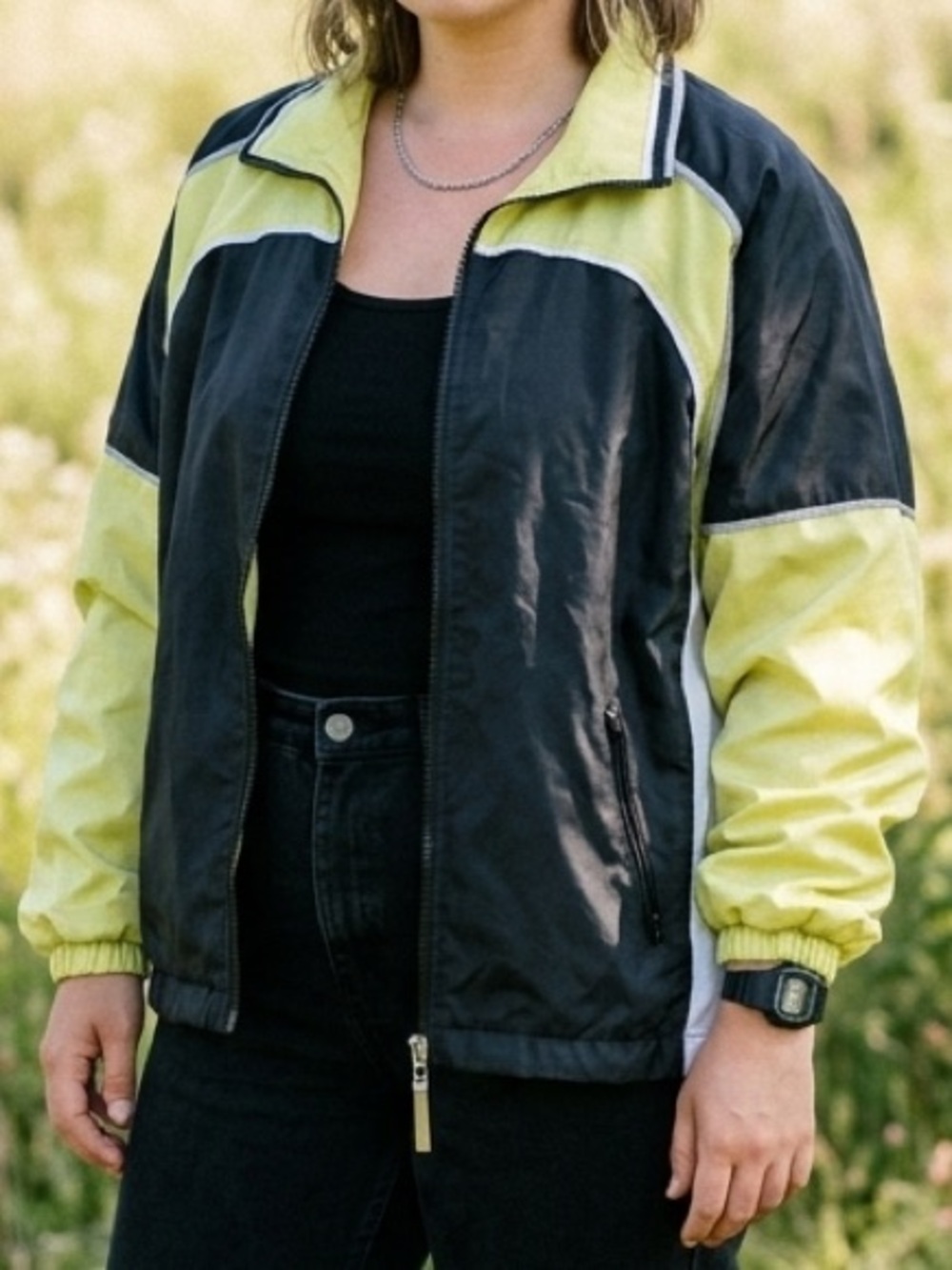Vintage 1990s V.I.Petites Colorblock Windbreaker Jacket Black Yellow White 16P
